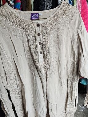 Braja Beige Embroidered Henley Tunic Top